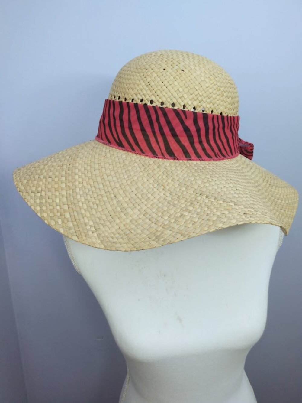 Women's Beige Straw Sun Hat Wide Brim Pink & Black Bow Sash Floppy Summer Boho